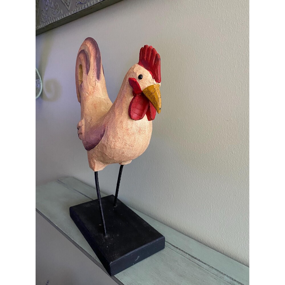 Wooden carved hen/chicken/rooster on base with metal legs